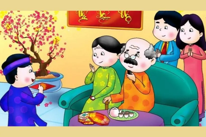 Ông bà hạnh phúc đón Tết bên con cháu, đại diện cho lòng hiếu thảo và lời chúc ông bà nhân dịp năm mới
