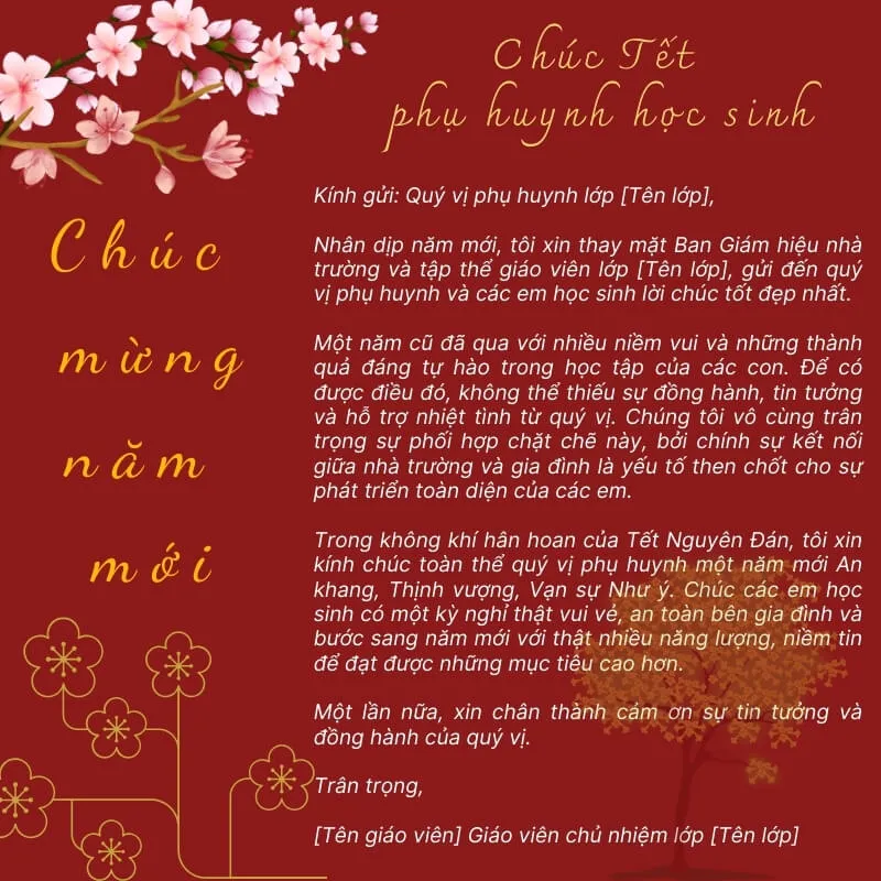 Thư chúc Tết phụ huynh thể hiện sự trang trọng của giáo viên và nhà trường