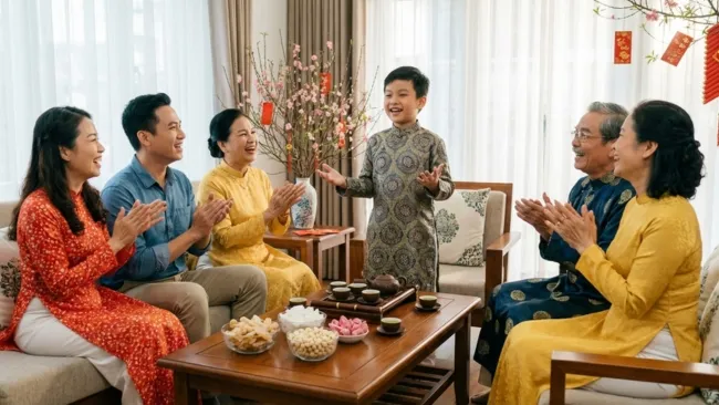 Bé trai đứng giữa nhà đọc thơ chúc Tết dõng dạc