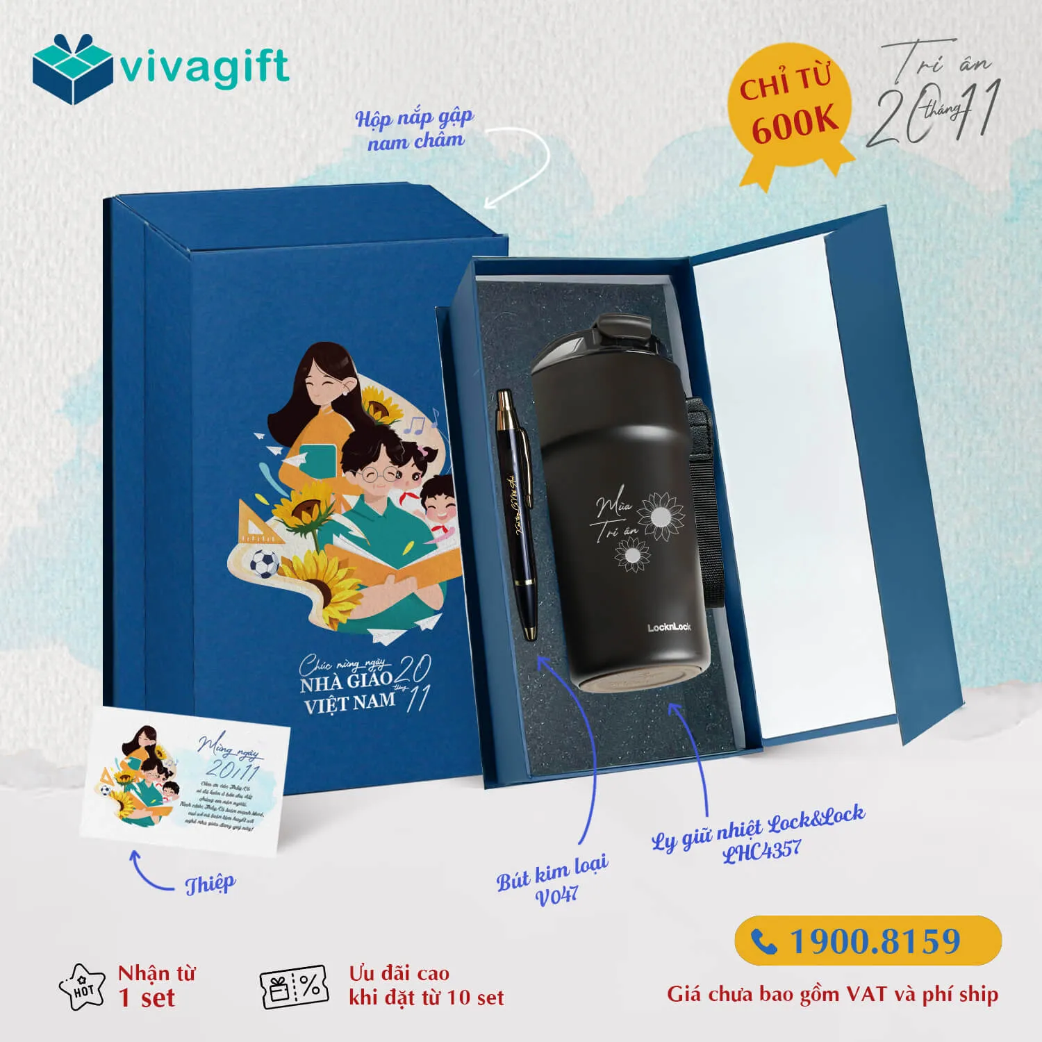 Set Quà Tặng 20/11 Ly Giữ Nhiệt, Bút Cao Cấp cao cấp để gửi lời chúc đến thầy cô