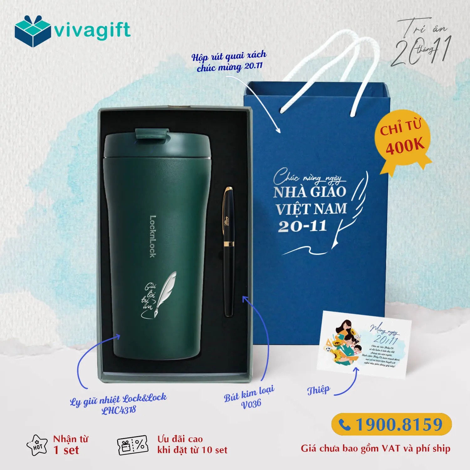 Set Quà Tặng 20/11 Ly Giữ Nhiệt, Bút Kim Loại tinh tế để gửi lời chúc đến thầy cô