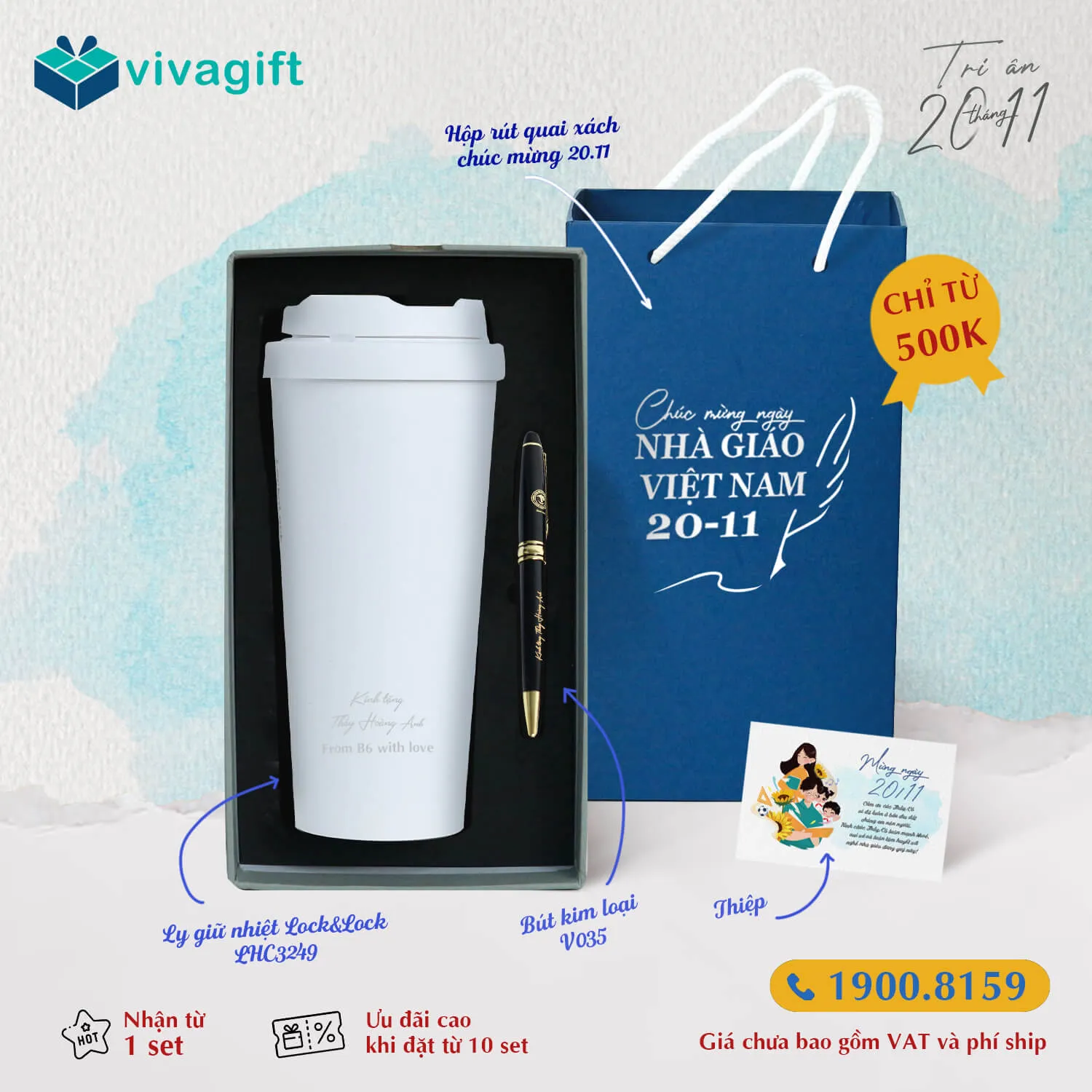 Set Quà Tặng 20/11 Ly Giữ Nhiệt, Bút Kim Loại SQT218 phù hợp gửi lời chúc đến thầy cô