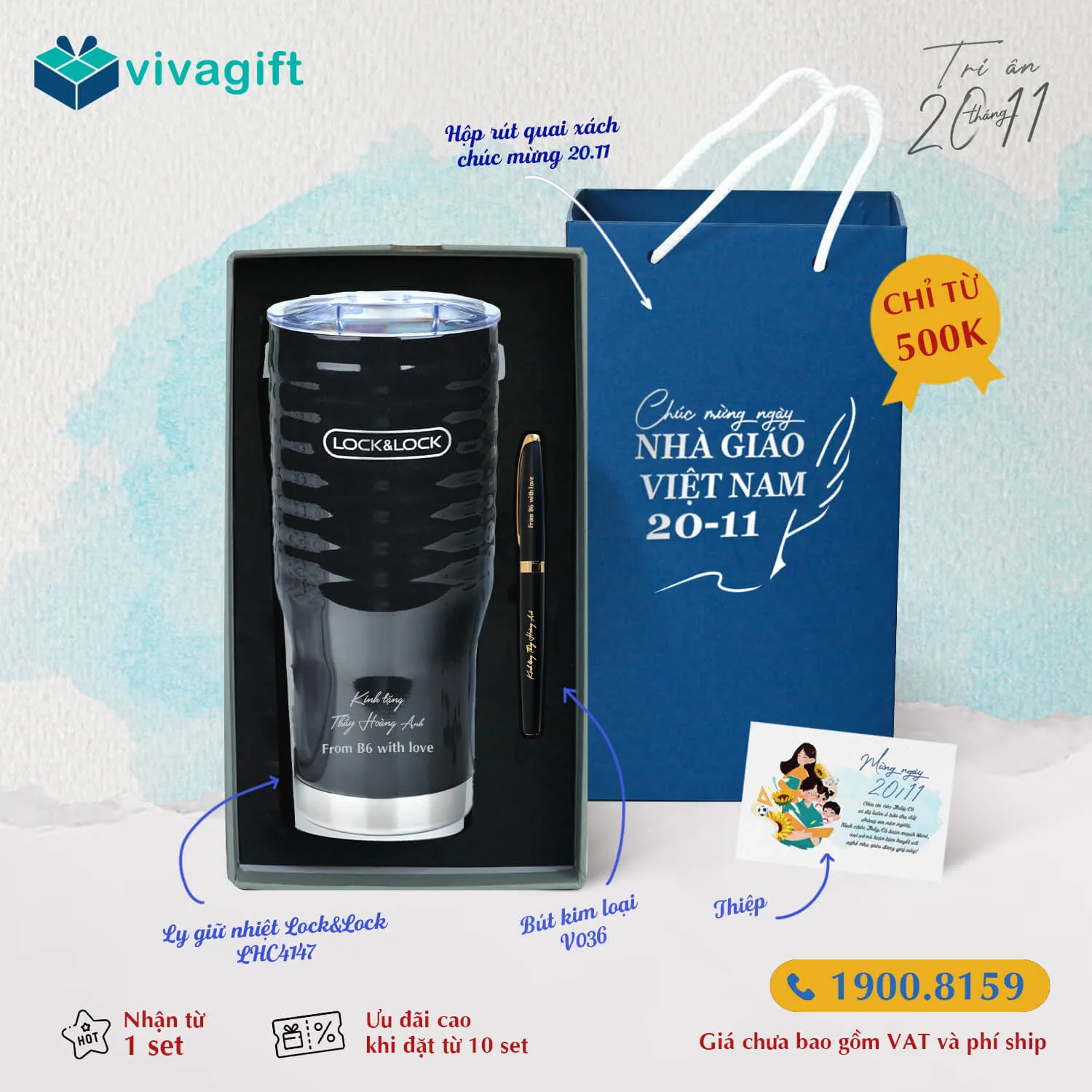Set Quà Tặng 20/11 Ly Giữ Nhiệt, Bút Ký sang trọng khi gửi lời chúc đến thầy cô