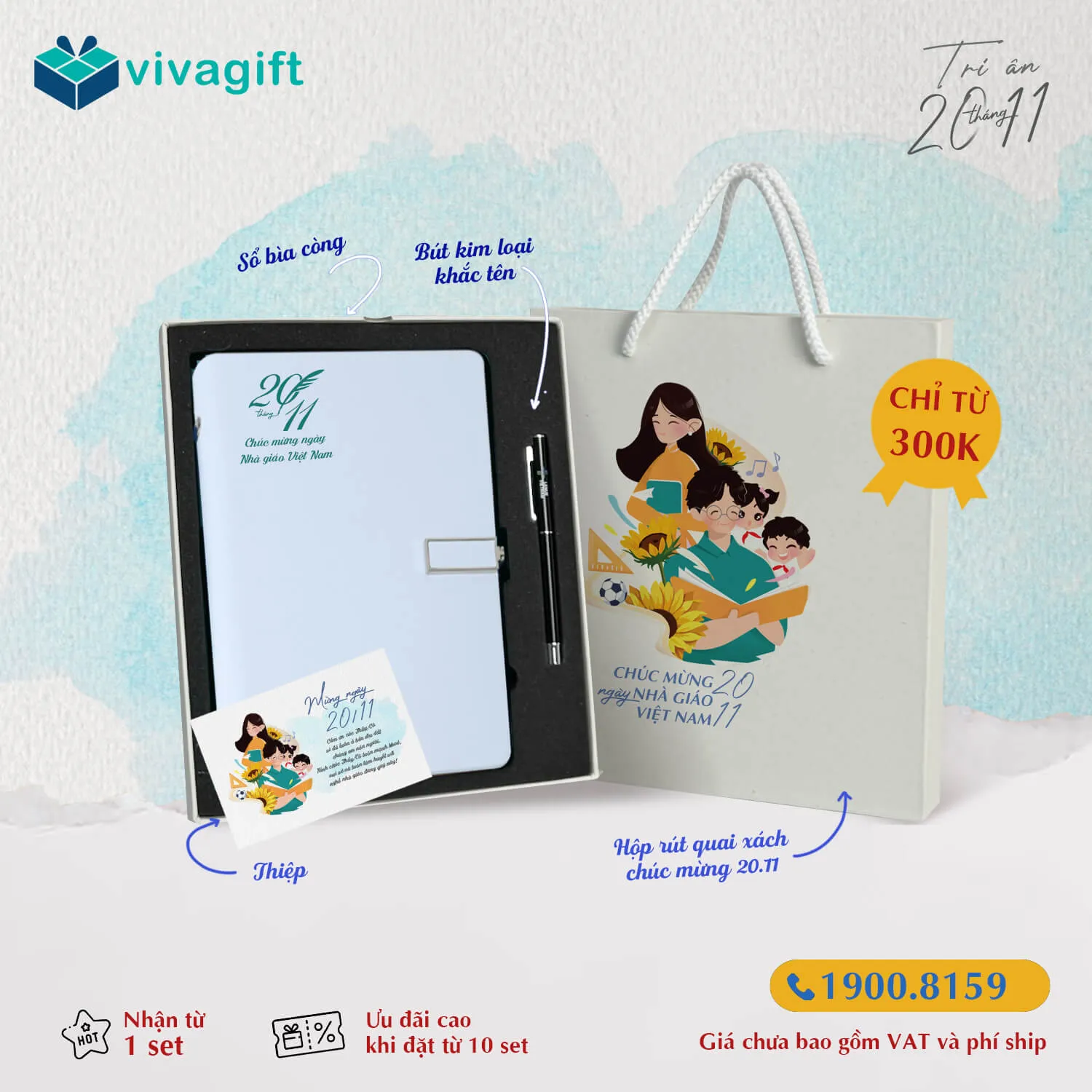 Set Quà Tặng 20/11 Sổ Bìa Còng, Bút Khắc Tên SQT224 lịch sự gửi lời chúc đến thầy cô