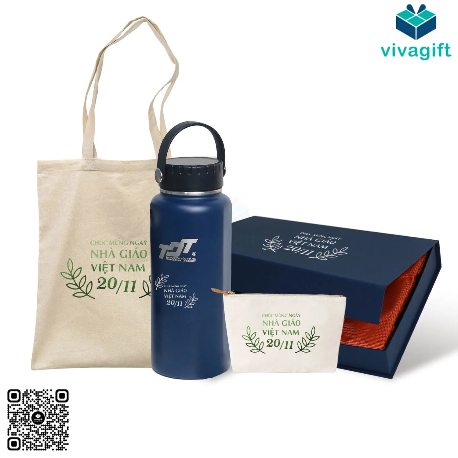 Set quà tặng 20/11 gồm bình giữ nhiệt, túi tote và túi nhỏ khi gửi lời chúc đến thầy cô