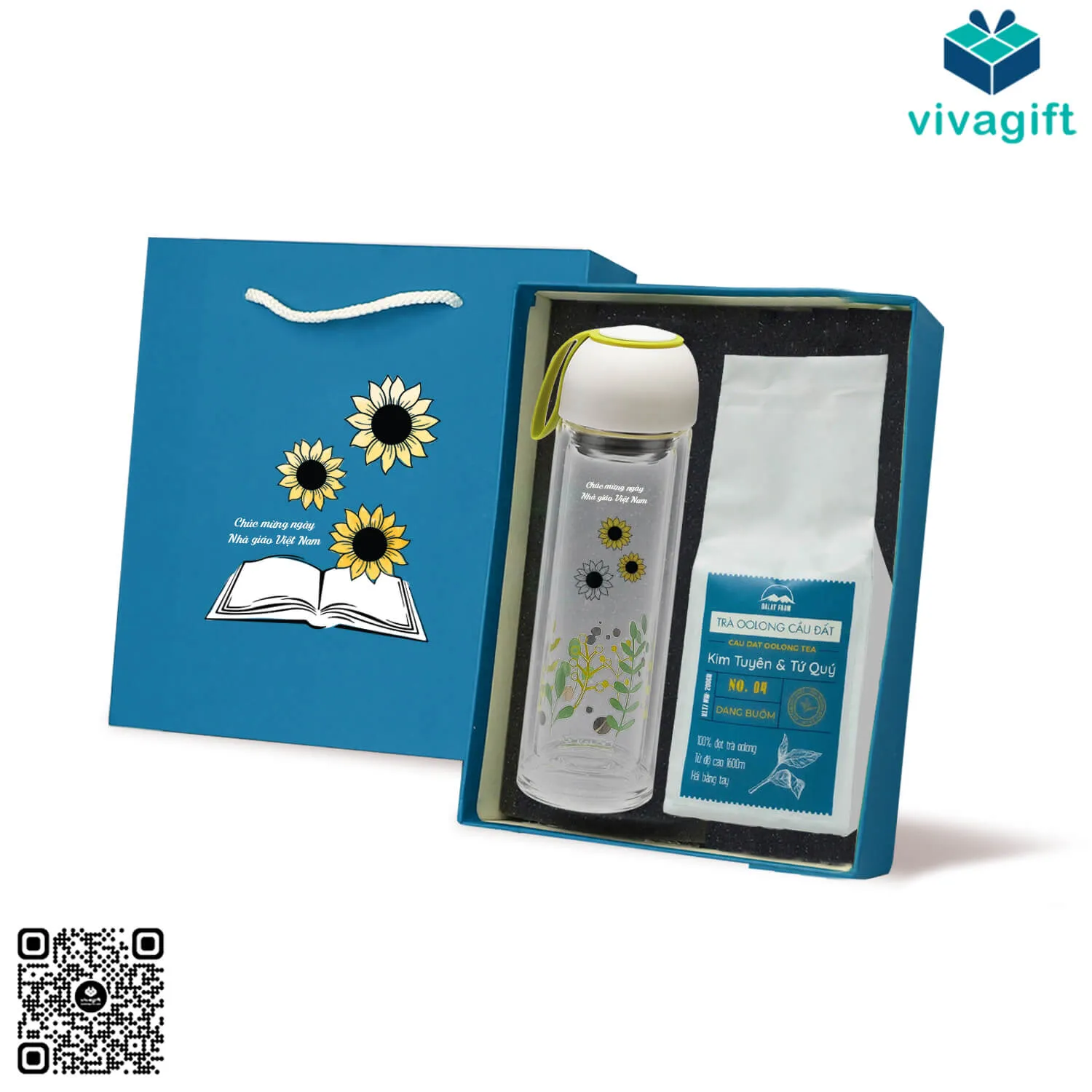Set quà tặng 20/11 gồm bình thuỷ tinh và túi trà tinh tế khi gửi lời chúc đến thầy cô