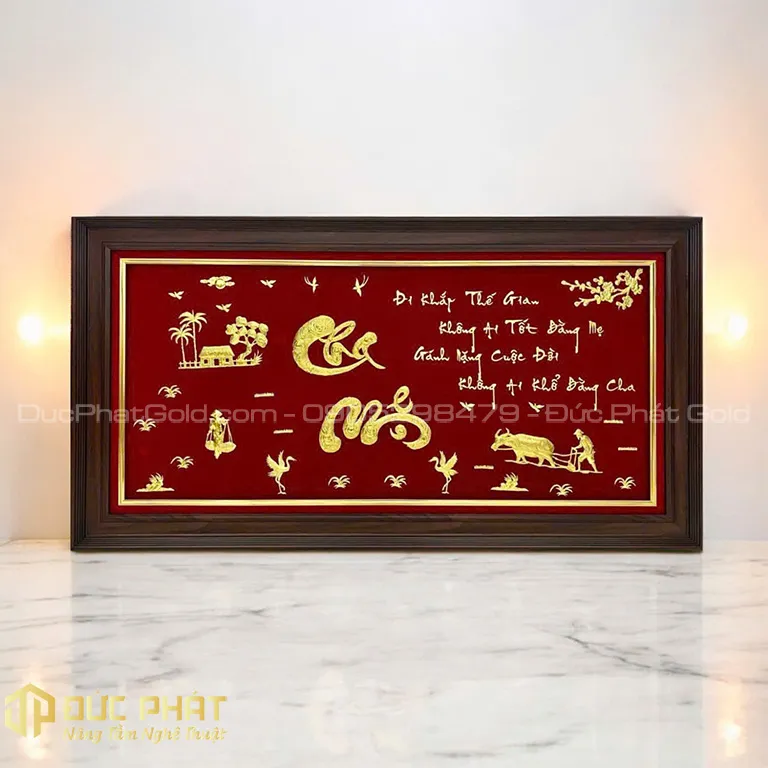 Tranh chữ Cha Mẹ thư pháp dát vàng thể hiện sự hiếu kính sâu sắc trong ngày lễ mừng thọ