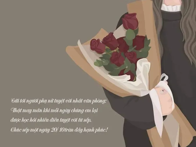 Một sếp nữ rạng rỡ nhận hoa chúc mừng từ nhân viên trong văn phòng ngày 20/10