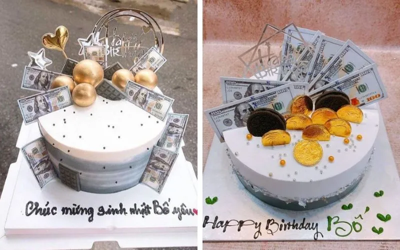 Mẫu bánh sinh nhật tặng bố phong cách hiện đại với drip cake và trang trí hoa quả