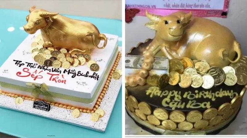 Bánh con trâu vàng kết hợp tông pastel nhẹ nhàng cho bé gái