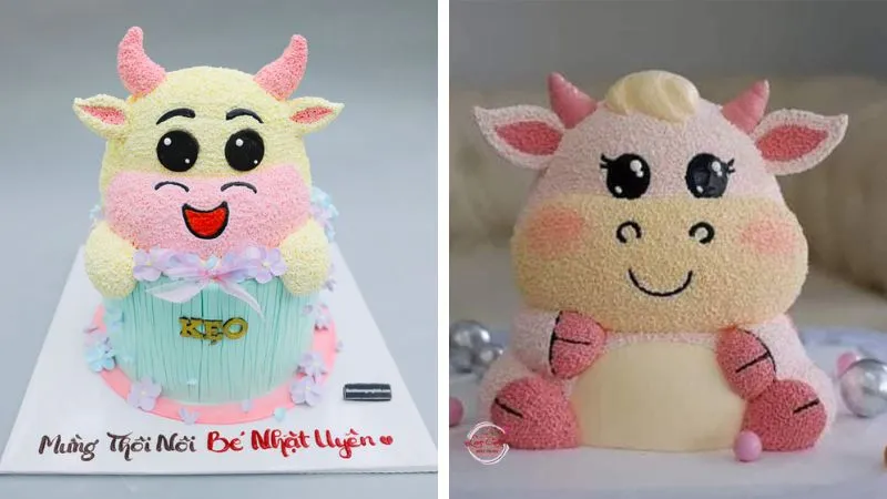 Mẫu bánh con trâu hồng pastel cho bé gái