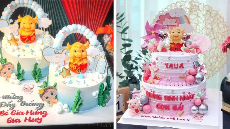 Mẫu bánh 2 tầng con trâu xinh xắn, đầy màu sắc
