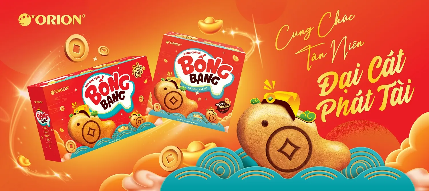 Bánh con cá Bống Bang phiên bản Tết 2026 với bao bì đỏ rực rỡ và biểu tượng đồng xu tài lộc