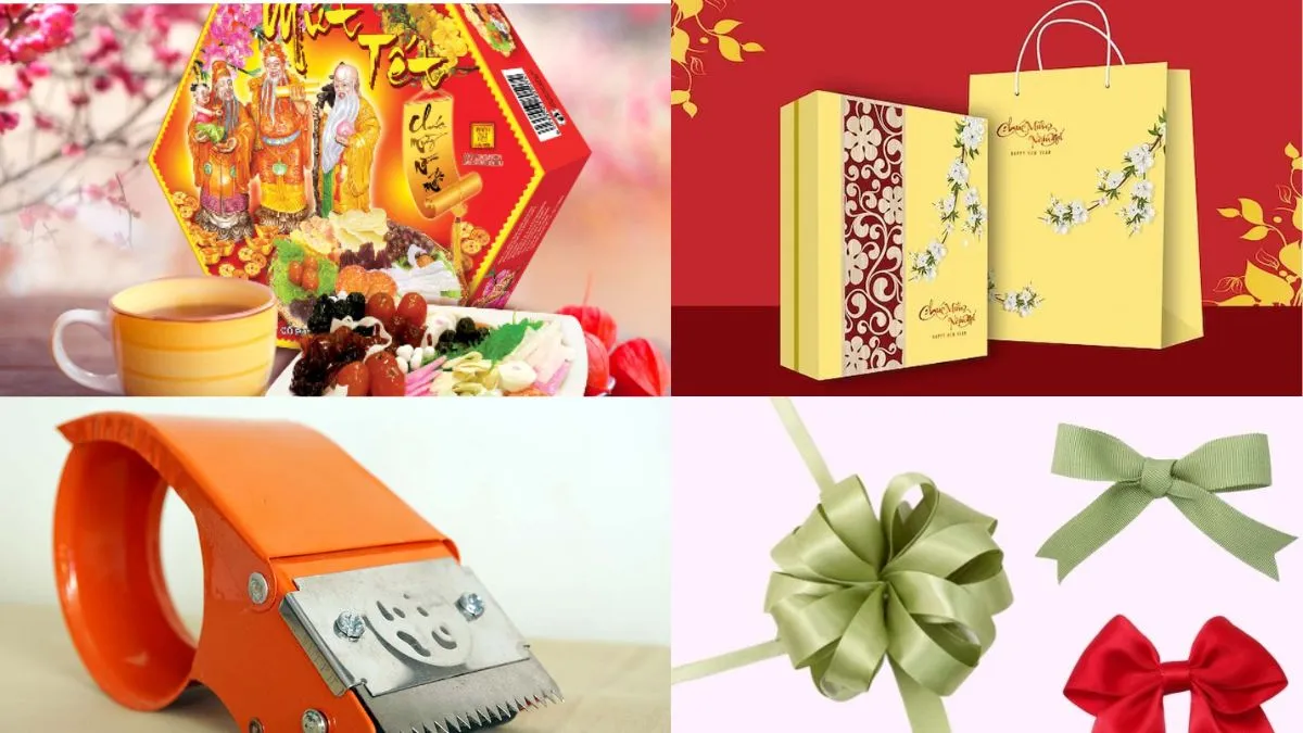 Các dụng cụ thiết yếu để thực hiện cách gói quà tết không cần giỏ đẹp mắt.