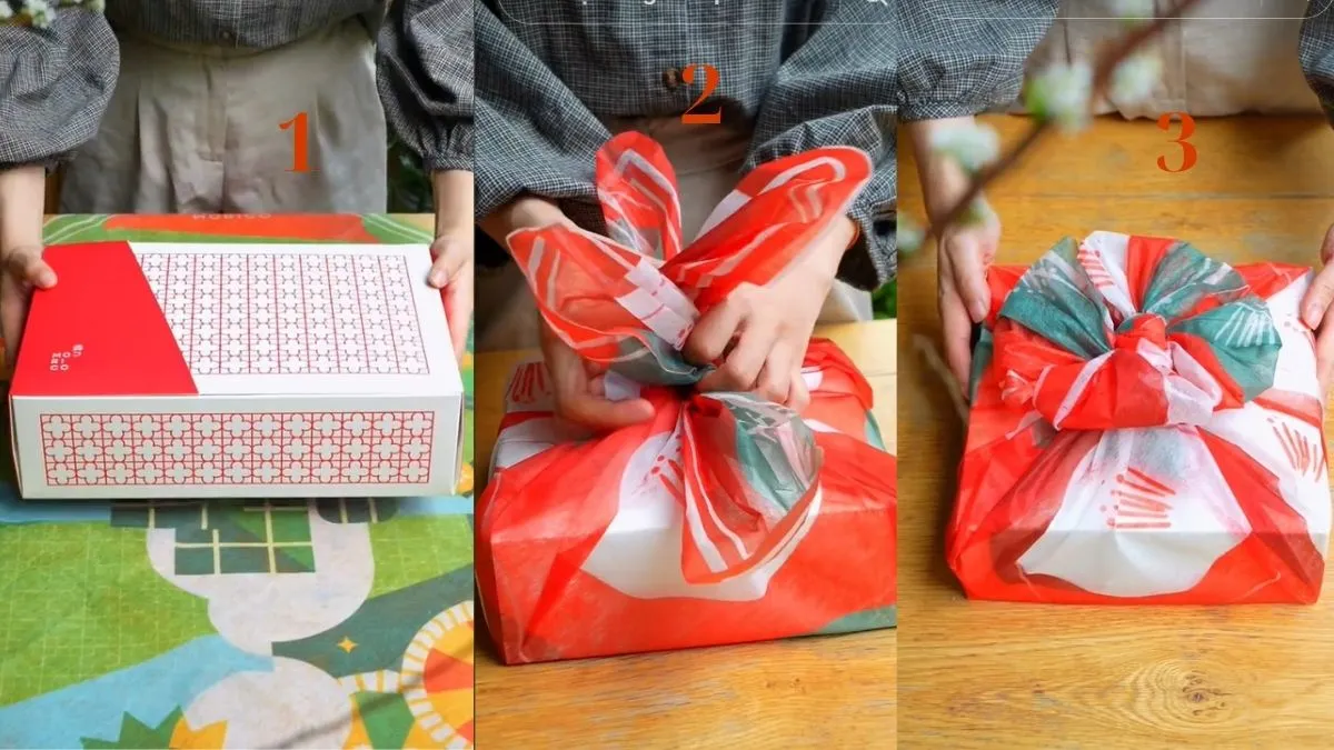 Nghệ thuật Furoshiki ứng dụng vào cách gói quà tết không cần giỏ bằng khăn vải.