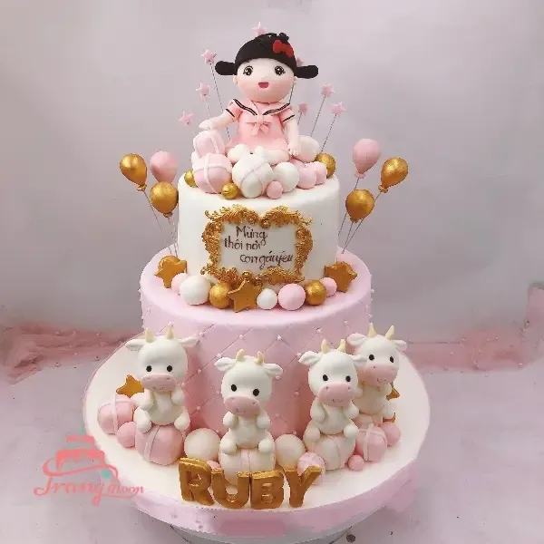 Mẫu bánh kem màu xanh trang trí trái cây tươi cao cấp