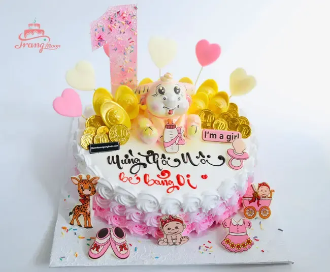 Mẫu bánh kem màu xanh tạo hình con trâu 3D mừng thôi nôi bé gái tuổi Sửu