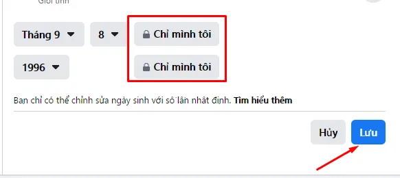 Lưu thay đổi chế độ hiển thị ngày sinh nhật cá nhân