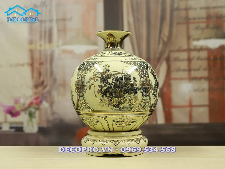 Bình tài lộc vẽ vàng gốm Chu Đậu Tứ Cảnh BG202