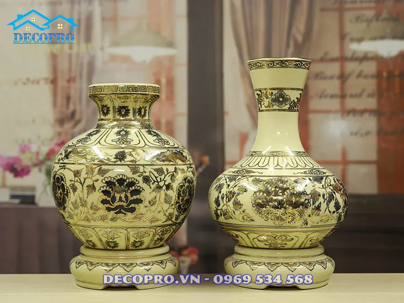 Cặp bình phượng hoàng Cúc quân tử gốm Chu Đậu