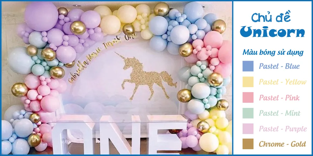 Phối màu bong bóng chủ đề Unicorn với tông màu Pastel dịu mắt