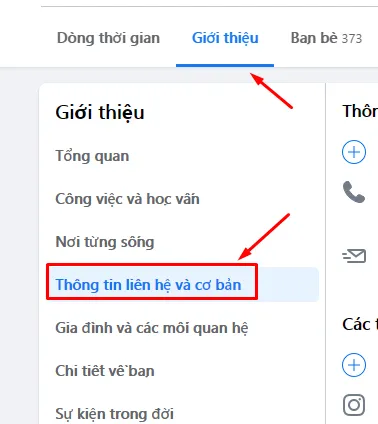 Chọn mục giới thiệu và thông tin liên hệ cơ bản trong cài đặt