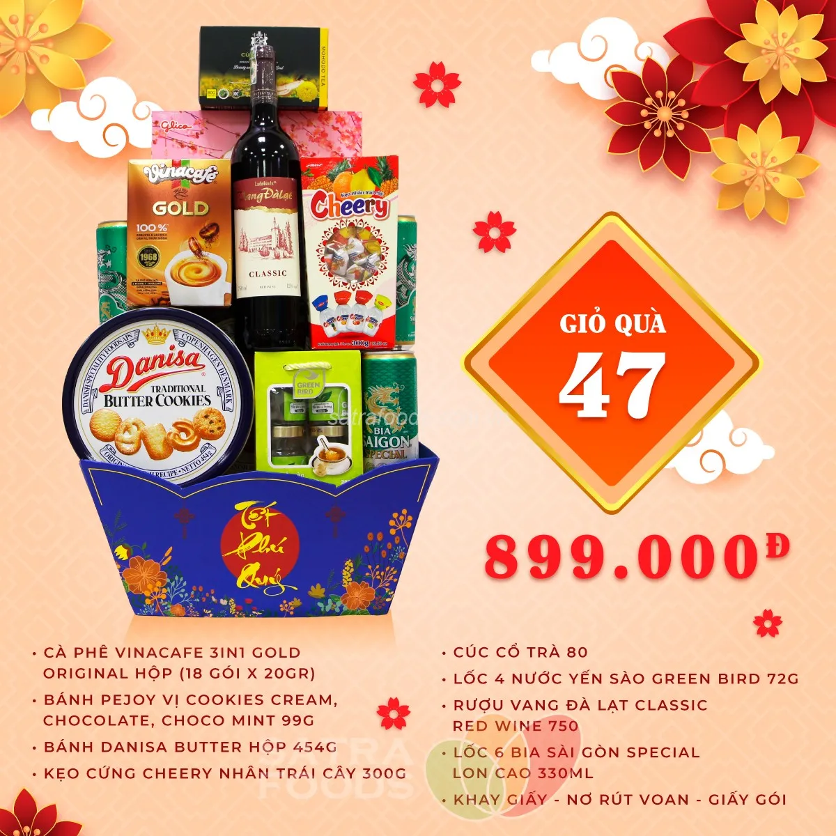 Mẫu thiết kế giỏ quà cân đối với điểm nhấn là nơ lụa