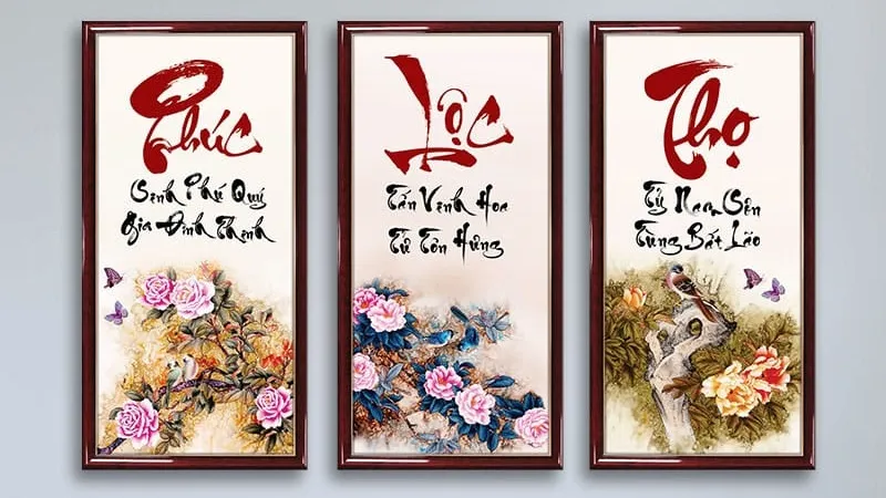 Tranh thư pháp Phúc Lộc Thọ gửi gắm lời chúc bình an và trường thọ