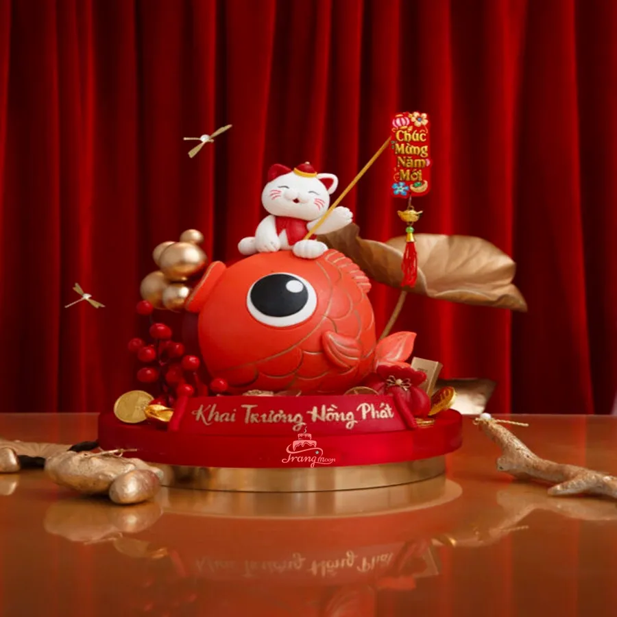 Bánh sinh nhật màu đỏ hai tầng cao cấp cho tiệc khai trương hồng phát