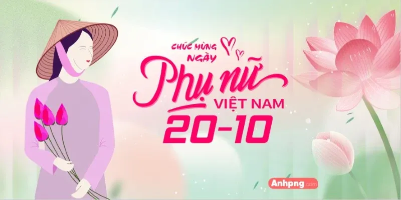 Thiết kế background phụ nữ việt nam 20/10 với hình ảnh cô gái nón lá và hoa sen hồng