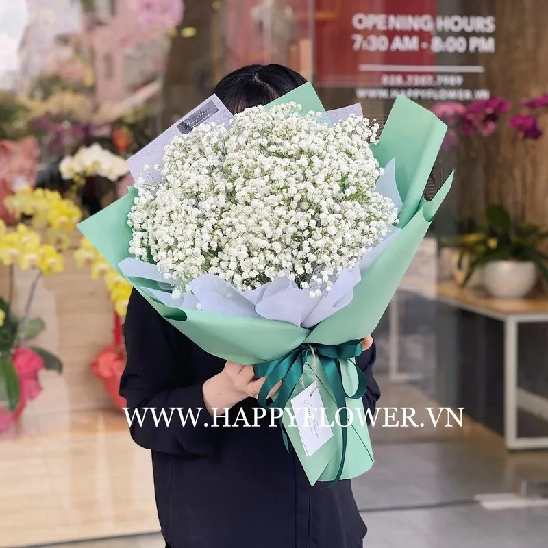 Bó hoa baby trắng tinh khôi gối trong giấy xanh