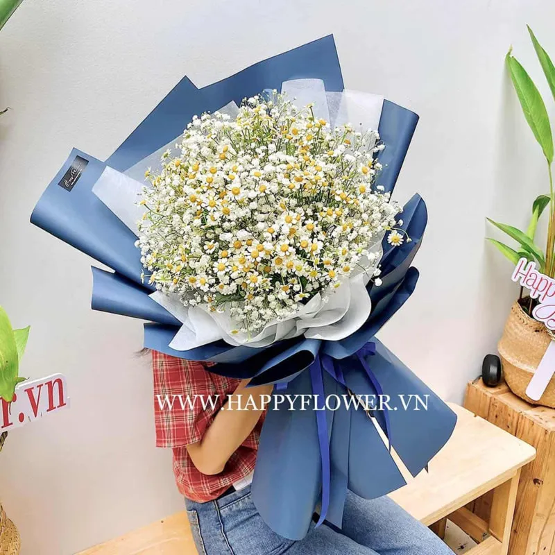bó hoa sinh nhật hoa cúc tây trắng mix hoa baby