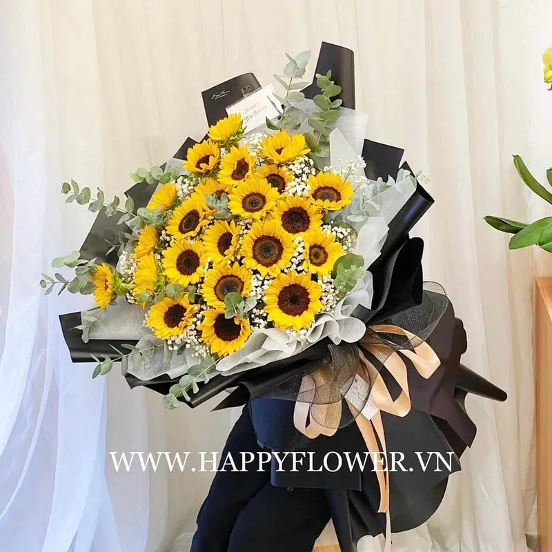 bó hoa sinh nhật hướng dương vàng mix hoa baby trắng