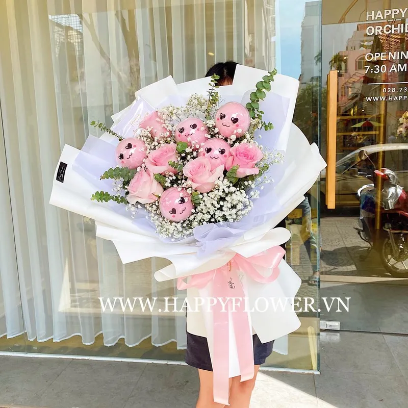 bó hoa sinh nhật kẹo bông gòn hồng mix hoa baby trắng