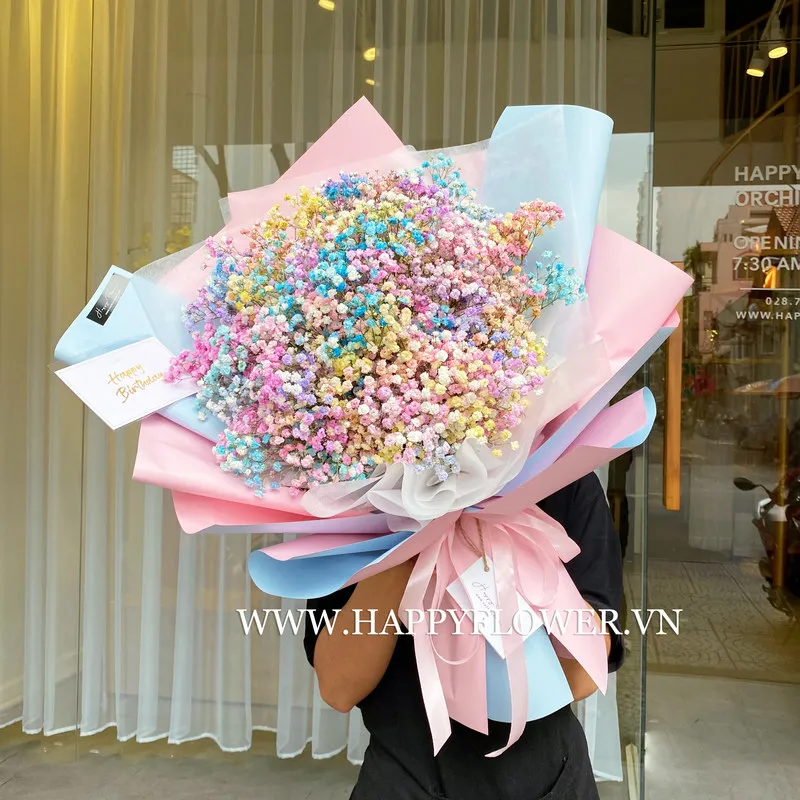 bó hoa sinh nhật baby màu cầu vồng