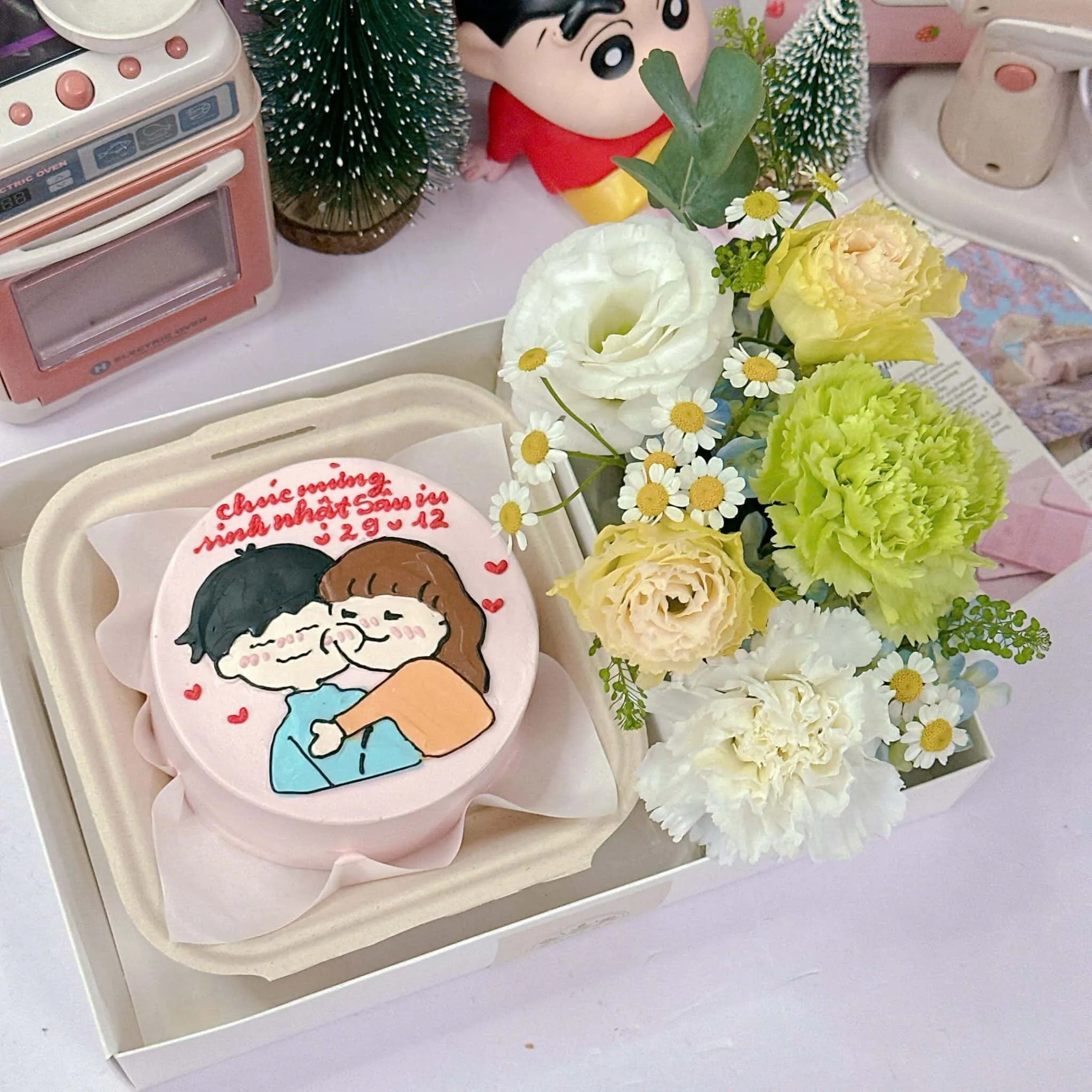 Set hoa và bánh sinh nhật kết hợp