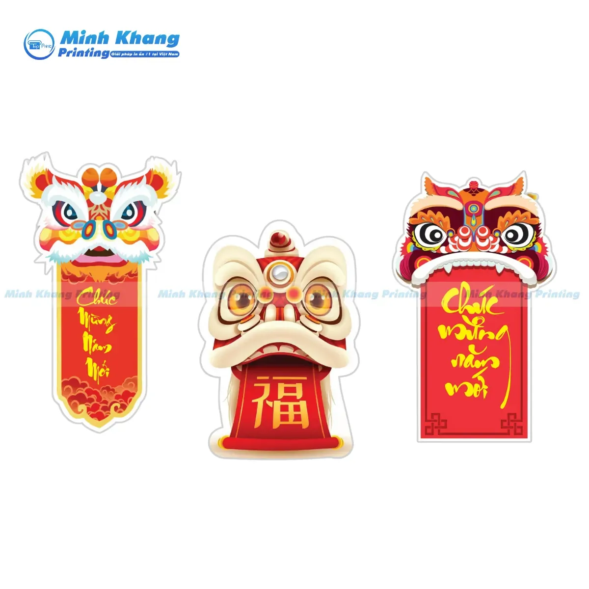 Mẫu nhãn dán giỏ quà Tết hình chú lân kèm lời chúc năm mới