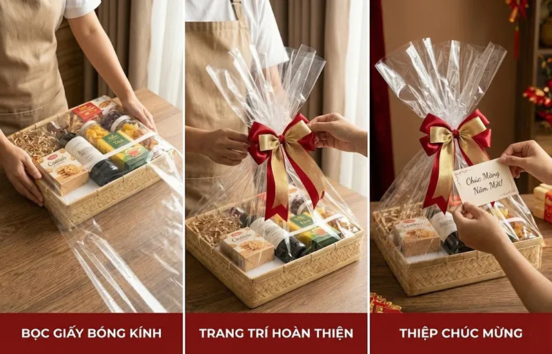 Bọc giỏ quà Tết chuyên nghiệp bằng giấy kiếng