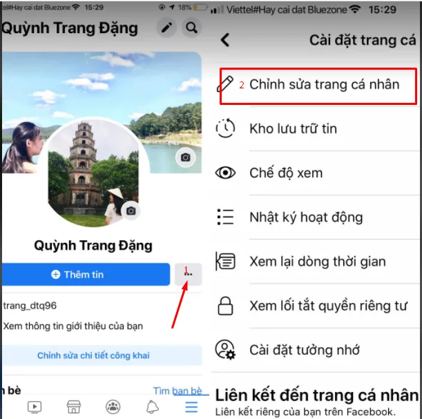 Vào mục chỉnh sửa trang cá nhân thông qua dấu ba chấm