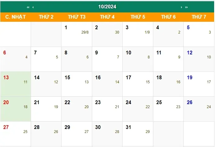 Lịch tháng 10 năm 2026 xem ngày Phụ nữ Việt Nam