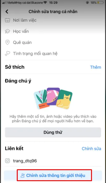 Kéo xuống dưới cùng để chọn mục Chỉnh sửa thông tin giới thiệu