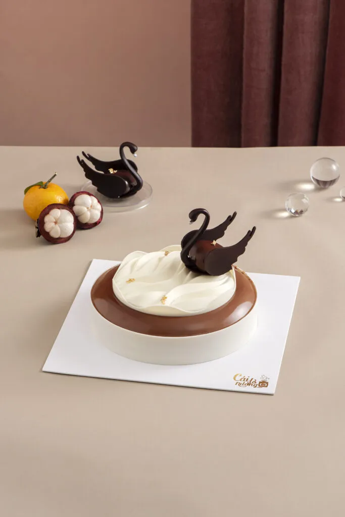 Mẫu bánh Entremet Măng Cụt màu nâu hiện đại
