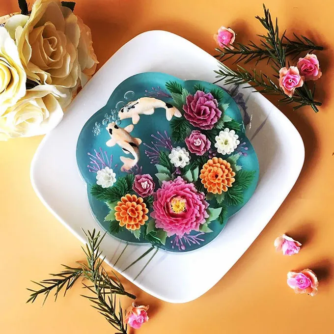 Mẫu bánh thạch rau câu sinh nhật 3D tạo hình hoa hồng rực rỡ