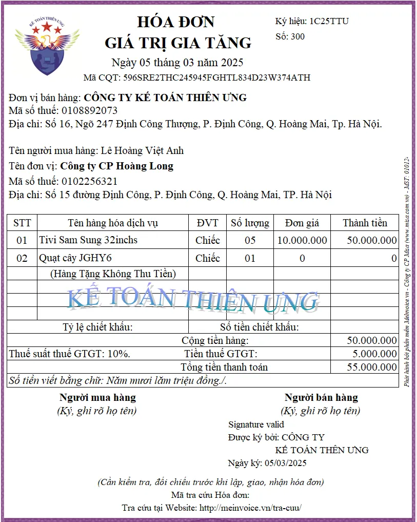 Mẫu hóa đơn xuất hàng quà tặng theo chương trình khuyến mại đã đăng ký