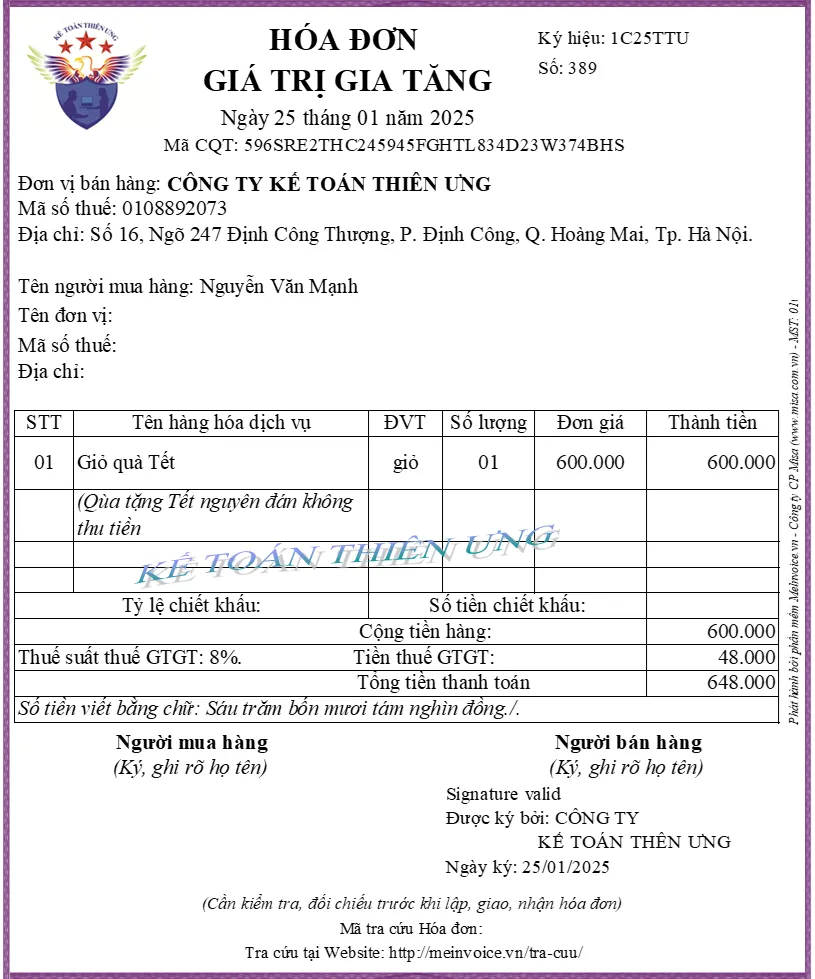 Mẫu hóa đơn điện tử xuất quà tặng nhân viên năm 2026