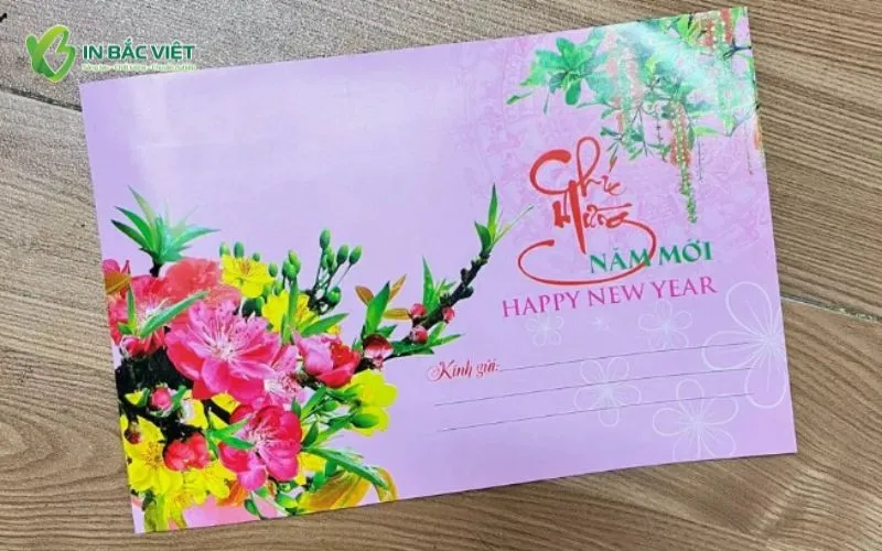 Mẫu phong bì chúc mừng năm mới sang trọng tông tím hoa mai đào