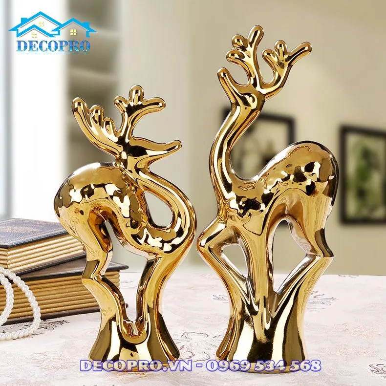Cặp hươu gốm sứ mạ vàng KS021 A1