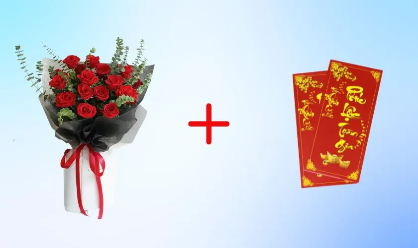 Bó hoa hồng kèm lì xì đỏ chúc bạn gái năm mới may mắn