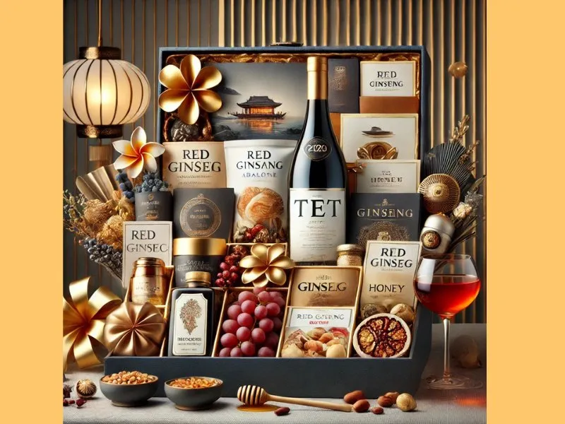 Hộp quà Tết hiện đại phối hợp hạt dinh dưỡng và rượu vang