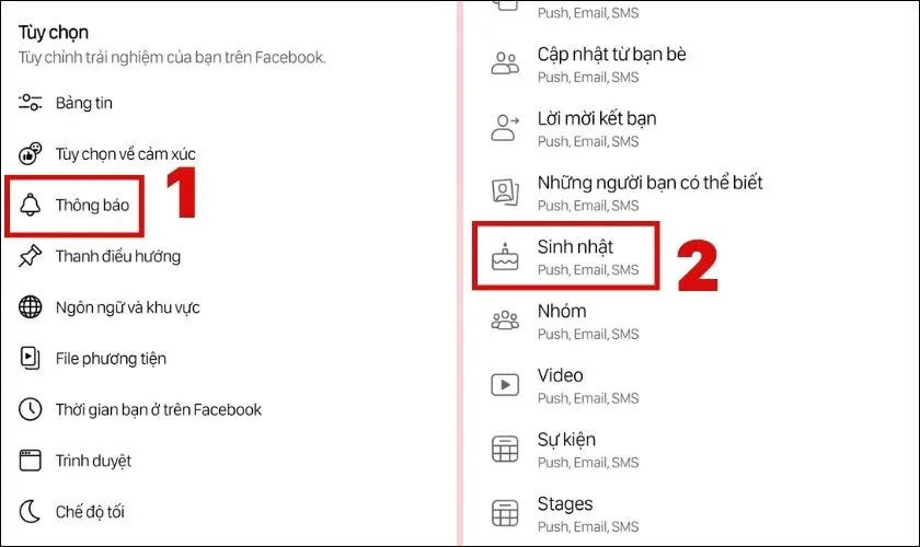 Nhấn vào Thông báo và chọn Sinh nhật